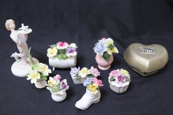 Floral Pieces Include Aynsley, Sanford, Crown Royal, Royal York, Sanford, Golden Crown, Heart Shaped Trinkets