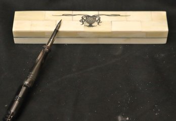 Vintage Inlaid Scrimshaw Box And Fountain Pen