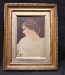 Antique Ca. Early 1900s English O/C Painting Of Woman In White, Framed In A Gold Antique Frame.