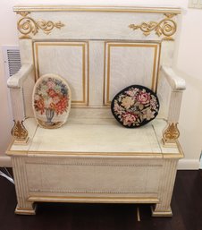 Vintage French Provincial Bench Seat In White Painted Oak With Gold Highlights.