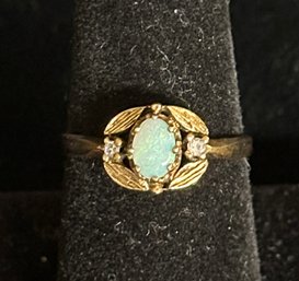 14K YG Stylish Opal Ring With 2 Diamond Accent Stones-Size 8.5