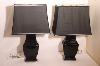 Pair Black Porcelain Lamps With Shades.
