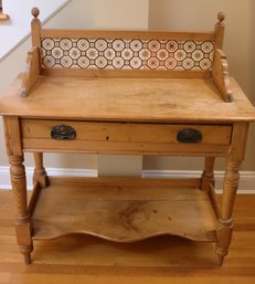 Late Victorian Pine Dry Sink With Antique Tile Backsplash.