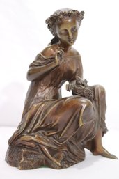 Vintage Hollow Cast Bronze Figural Sculpture Of A Young Woman With A Nest Full Of Birds