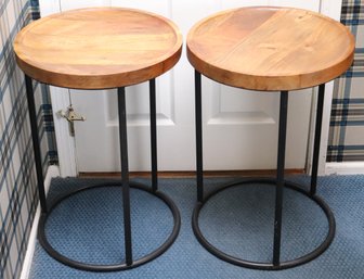 Pair Of Modern Circular End Tables With A Wood Finished Tray Style Top On A Metal Frame