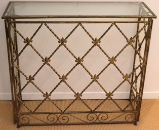 Gilt Metal Console With Glass Top And Fleur De Lis Accents