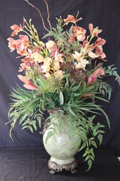 Large Ornate Centerpiece Vase With Faux Flowers Ornate Metal Handles And Vase With Shell Motif. Asian Stam