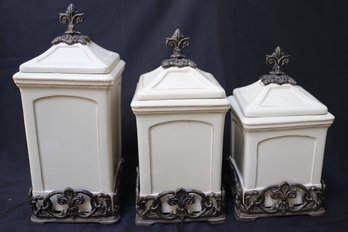 Set Of 3 Large Countertop Canisters By Arthur Court With Cast Metal Stand And Fleur De Lis Finial