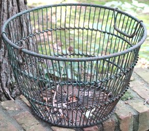 Primitive Metal Basket With Handles Originally Painted Green