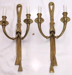 Pair Of Elegant Vintage French Style Brass Candle Wall Sconces With Ribbon And Wheat Design
