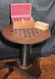 Vintage Carved/pegged Wood Round Game Table Including Assorted Carved Resin And Wood Chess Pieces