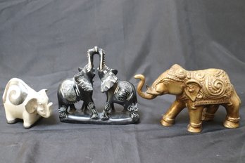 3- Piece Elephant Decor Includes Solid Brass Indian Elephant, Carved Stone Elephant With Raised Trunks