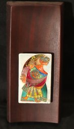 Vintage Ethnic Enamel Art Plaque Of Mother With Child On Walnut Wood Board