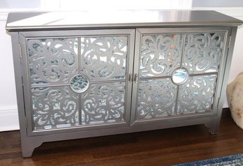 Contemporary Grey Painted Credenza With Pierced Design Door With Mirrors