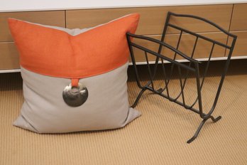 Metal Magazine Holder And Linen Accent Pillow With Polished Shell.