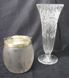 Pretty Cut Crystal Vase And Etched Biscuit Jar With Brass Lid