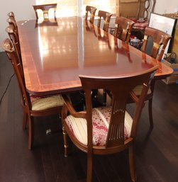 Vintage Inlaid Mahogany Double Pedestal Dining Room Table And 10 Chairs.