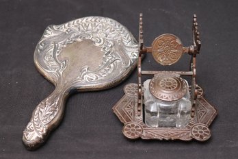 Renaissance, Revival, Metal And Glass Inkwell And A Silver- Plated Hand Mirror.