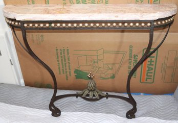 Antique Wrought Demi Lune Console With Gilded Accents & Marble Top That Has Been Repaired