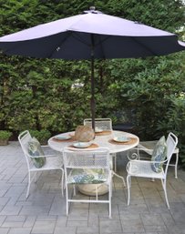 Wrought Aluminum Patio Set Includes A Round Table And 4 Chairs, Umbrella By At Leisure And Stand