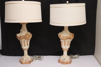 Pair Of Antique Italian Style Carved And Painted Wood Lamps With Shades.