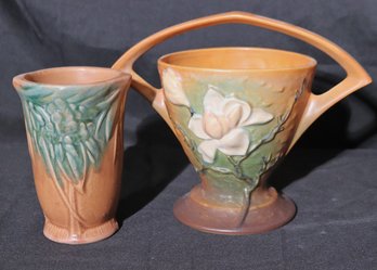 Vintage Roseville USA Magnolia Art Pottery, With Handle And Nelson Mccoy Pottery Leaves And Berries Vase