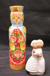 Swedish Glazed Terracotta Twins Figurine And Hand Painted Wooden Bottle Holder.