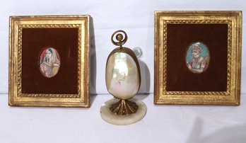 2 Miniatur Indo Persian Portrait Paintings And Antique French Gilt Brass, Mother Of Pearl Egg Perfume Bottle