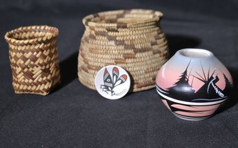 Assortment Of Native American Miniatures Includes Woven Baskets And Pottery Vase
