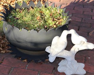 Outdoor Resin Bird Sculpture & Unique Vintage Rubber Planter Made From Recycled Tires