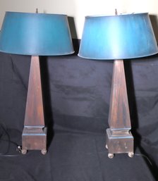 Pair Of Stylish Wood Obelisk Table Lamps With Blue Toned Accents And Matching Shades