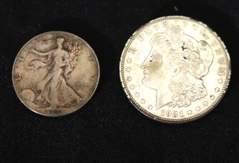 Vintage Silver Coins Include A 1921 Morgan Silver Dollar And 1946 Half Dollar