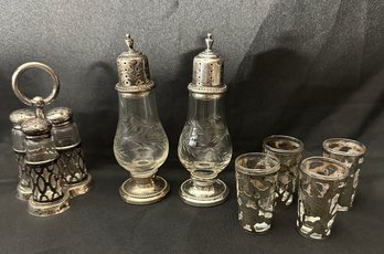 Sterling Silver Mixed Lot -4 Fancy Liquor Glasses , Salt And Pepper And Trio Set, Pair Of Large Etched Glass