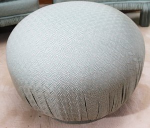 Cute Little Swivel Ottoman Poof In A Seafoam Green Toned Trellis Style Linen Fabric