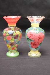 Two Tracy Porter Have Painted Glass Vases With Wavy Rims.