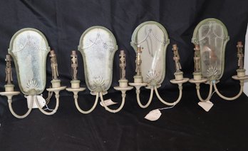 Set Of 4 1930s Electrified Wall Sconces With An Etched Mirror