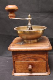 Antique Oak Grinder With Metal Attachments.