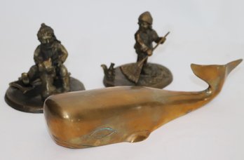 Brass Whale Paperweight With A Natural Patina & International Pewter Figurine