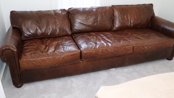 Fabulous Restoration Hardware Leather Sofa With3 Generous Cushions & Rolled Arms