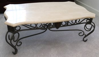 French Style Travertine Top And Wrought Iron Base Coffee Table