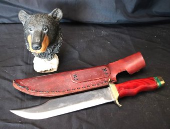 Vintage Brown Bear Bust By Castagna 1996 & Large Bowie Knife Mc Grade Etched On The Blade, Polished Wood H