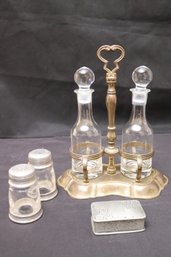 Lot Of Vintage Pewter And Glass Culinary Items Including Cruet Set, S/P And Box.