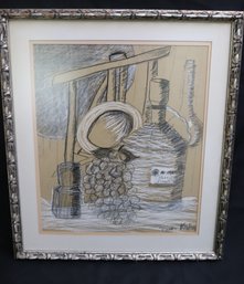 Pencil And Chalk Drawing Still Life, Signed By Artist Frame.