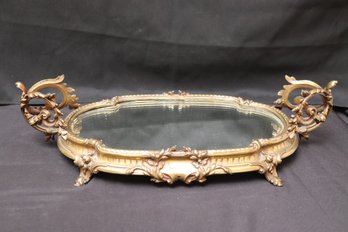 Vintage Art Nouveau Style Mirrored Vanity Tray With Curlicue Handles.