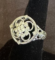 Sterling Silver And Diamond Open Floral Design Ring - Size 7.5.