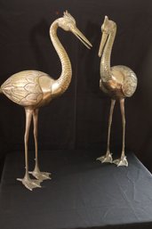Wonderful Pair Large Brass Crane Heron Brass Sculptures With Crested Feather Detail