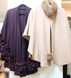 Cream Toned Cashmere Shawl With Fur Accent By Belle Fare And Purple/ Cranberry Toned Shawl W Rabbit Fur Trim