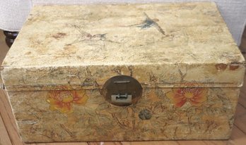 Antique Pigskin Trunk / Chest With Painted Birds And Metal Handle.
