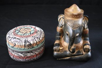 Decorative Gilt Ganesh Figurine And Ceramic Box From Thailand.