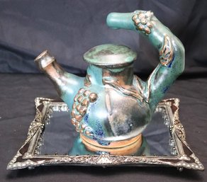 Unique Handmade Pottery Teapot For Decorative Use Only & Vanity Mirrored Tray